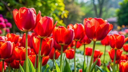 Obraz premium Field of bright red tulips in the sunshine