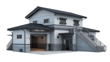 Two-story home with garage and stairs.  Modern, light gray facade