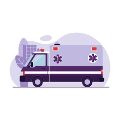 Fototapeta premium Illustration of a purple and white ambulance with the Star of Life symbol, against a stylized cityscape background.
