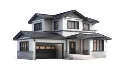 Two-story house with dark gray roof and white walls.  Garage and front porch visible.  Modern architectural style