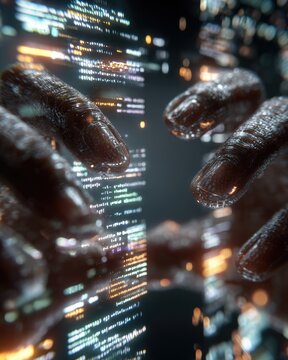 Hands typing code on a glowing digital interface