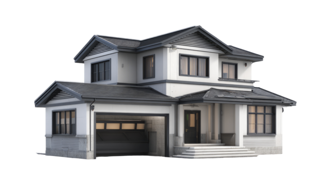 Two-story house with dark gray roof and white walls.  Garage and front porch visible.  Modern architectural style