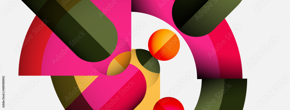 Poster abstract composition featuring overlapping colorful circles, arcs, segments. vivid pinks, oranges, g