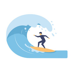 A stylized illustration of a surfer riding a large ocean wave.
