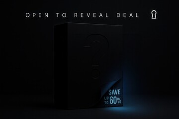 Mysterious banner with OPEN TO REVEAL DEAL and SAVE UP TO 60% promo, sleek dark style, enticing retail discount offer.