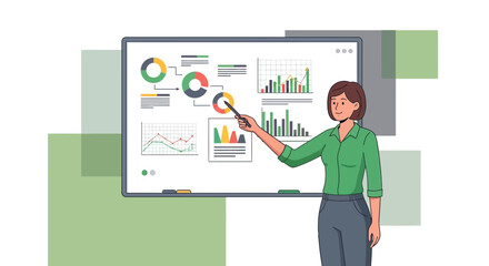 Woman Giving Presentation With Graphs And Charts On Whiteboard, Digital Marketing Analysis