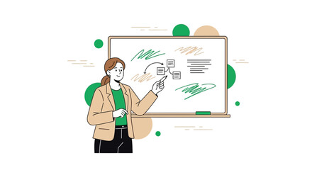 Woman Presenting Business Strategy Concept On Whiteboard With Artistic Style