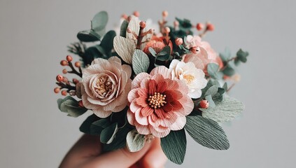 Delicate paper flowers arranged in a small bouquet, held in a hand against a muted gray backdrop
