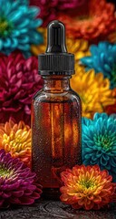 Amber bottle of essential oil amongst vibrant flowers