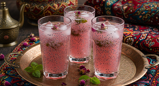 Tall glasses of colorful Persian sharbat (rose syrup with herbs and seeds), served with ice cubes, fresh basil seeds, and copper tray. Background with Persian textiles.