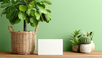 Blank card beside potted plants on wood