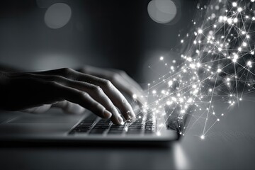 Close-up of hands typing on a laptop, with abstract network graphic overlay