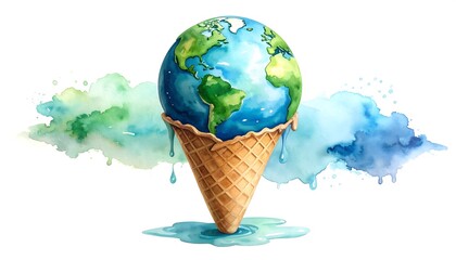 Earth melting ice cream cone. Watercolor illustration of a melting ice cream cone shaped like the world