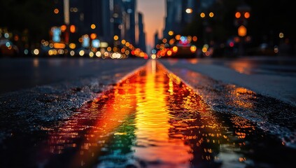 City street at dusk, rain reflecting city lights in a puddle