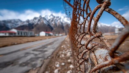 Rusty chain link fence in focus, blurred mountain road and village background