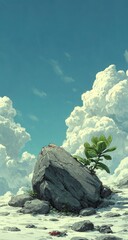 A lone rock, small plant sprouting, rests on pale ground under a vibrant blue sky filled with fluffy clouds