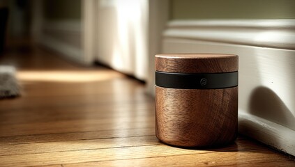 Cylindrical wooden device on hardwood floor