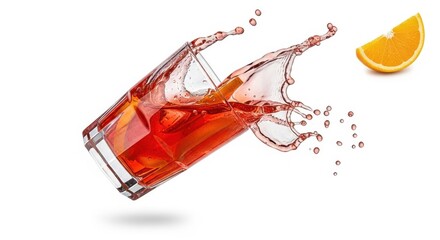 A glass of red liquid splashing with ice and an orange slice isolated on white background