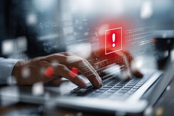 Close-up of hands typing on a laptop with a red exclamation mark error graphic overlay