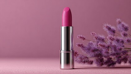Pink lipstick tube beside purple flowers on pink background