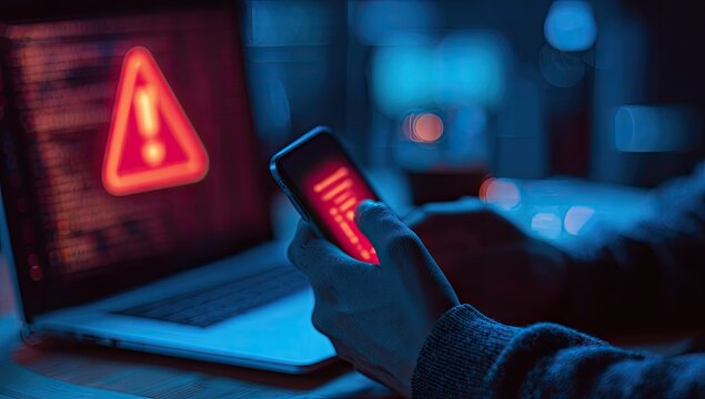 Night-time tech trouble. Hands on smartphone, computer screen displays error alert