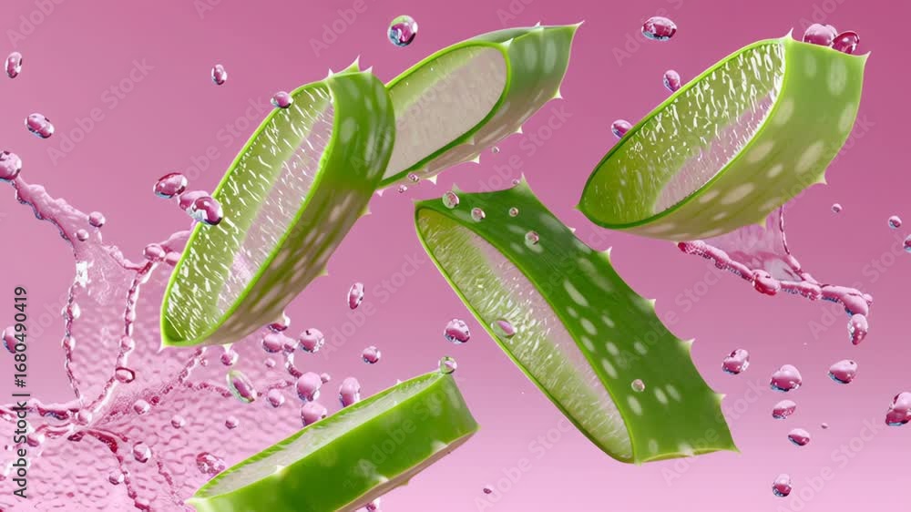 Poster slices of fresh aloe vera floating in water droplets against a vibrant pink background, showcasing t