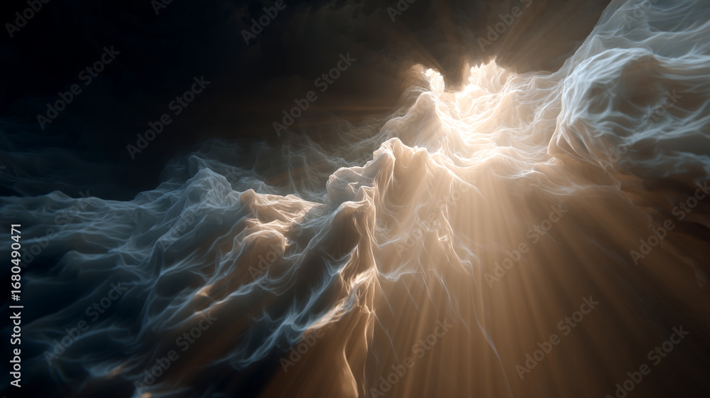 Poster abstract rendering of clouds with light shining through a dark sky creating a dramatic effect