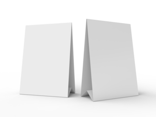 3D realistic mockup of a blank table sign tent card A4 format, isolated on white. Minimal display Ideal for menu, restaurant, cafe, event, promotion, branding, ads, and marketing design presentations