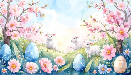 A springtime scene showcasing three adorable lambs amidst blossoming trees, decorated eggs, and vibrant flowers, creating a cheerful and whimsical Easter tableau.