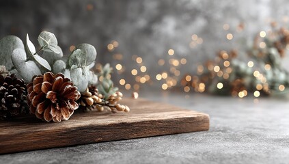 Rustic wooden board with pine cones, eucalyptus, and golden berries, bokeh lights in background