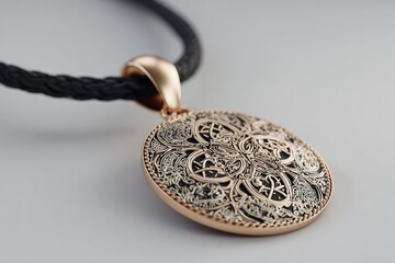 Naklejka premium Close-up of a rose gold pendant. Delicate, ornate design. Black cord