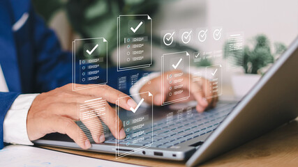 Businessman showing online document validation icon, quality assessment management With a...