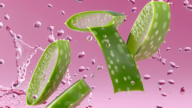 Fresh aloe vera slices suspended in mid-air, surrounded by droplets and splashes, showcasing the vibrant green texture and translucent interior against a soft pink background, illustrating natural bea