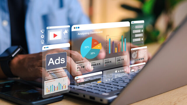 Marketer using digital marketing dashboard with charts, pie graphs, organization chart, and performance data. Concept of business analytics and strategic planning.