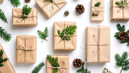 Festive gift boxes arranged on white background
