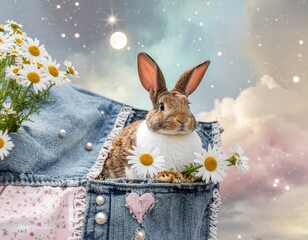 An enchanting portrait of a fluffy bunny in a pocket full of daisies, gazing out at a magical, star-filled nebula sky