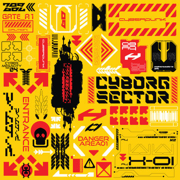 HUD sci-fi technology decals for futuristic gaming cyberpunk style, 2d illustration vector sticker set collection