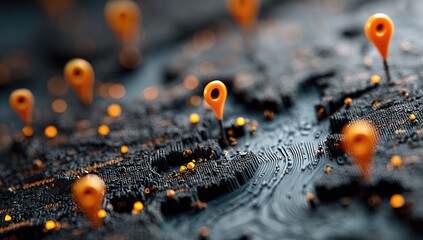 A 3D textured map with orange location markers