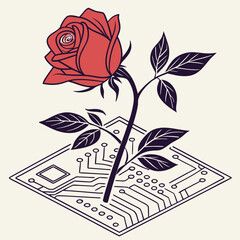 Vector art of a rose growing from a circuit board, , symbolizing the fusion of nature and technology in a vector illustration of artificial intelligence © mukul