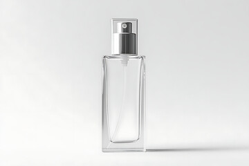 Elegant clear glass perfume bottle with silver spray pump, perfect for fragrance branding and product presentation.