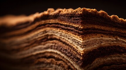 Close view of layered chocolate and vanilla cake texture.