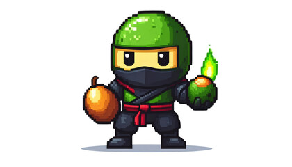 Pixel Art Ninja with Pumpkin and Green Flame.