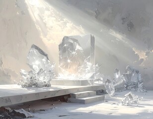 A serene, ethereal scene showcases a majestic, translucent structure surrounded by sparkling crystals, bathed in soft, illuminating light.