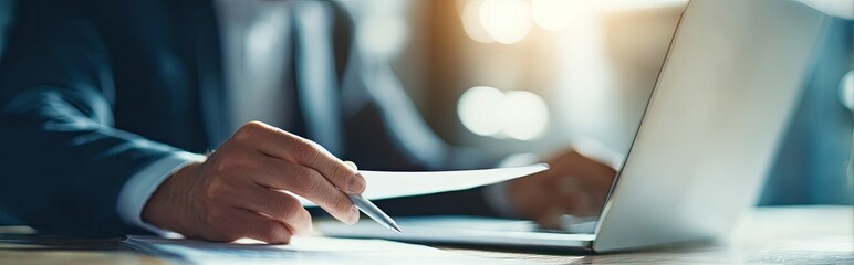 Close-up of a person in a suit reviewing documents with a pen, working on a laptop