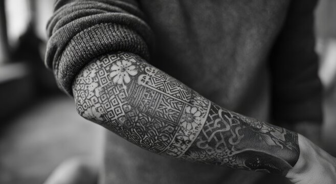 Black and white close-up of intricate arm tattoo