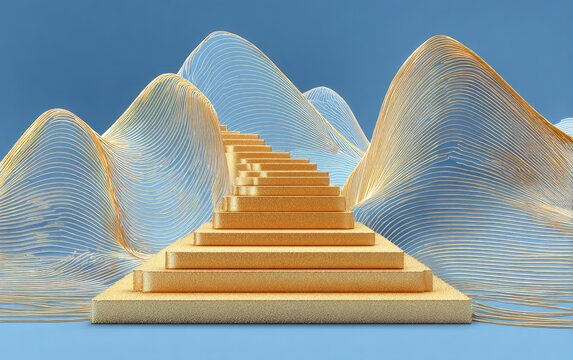 Gold steps ascend through abstract mountains