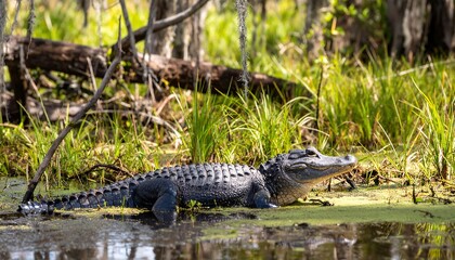 Naklejka premium Large alligator rests in a sunlit swamp, surrounded by lush greenery and deadwood.