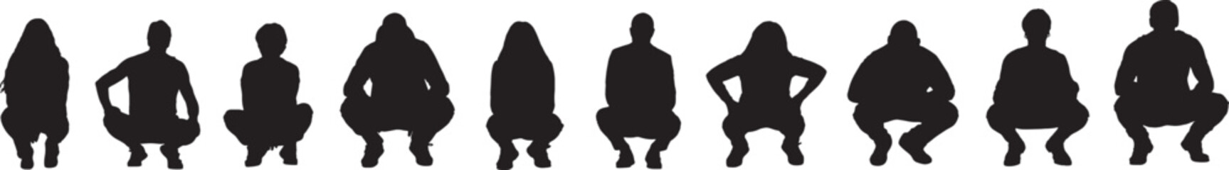 vector, silhouette of a large line group of people squatting, front view