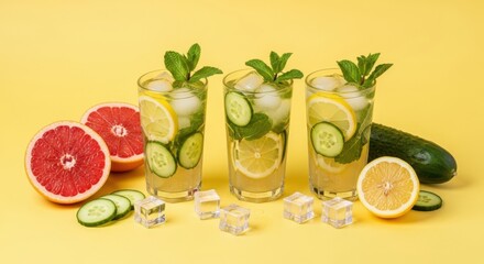 Fototapeta premium Three refreshing cocktails with lime, cucumber, lemon, and mint on a yellow background