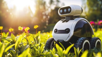 Pest control robot with a compact gray and green body, moving across garden soil or farmland to detect and eliminate pests like insects or larvae, equipped with pest-sensing tools and a targeted spray